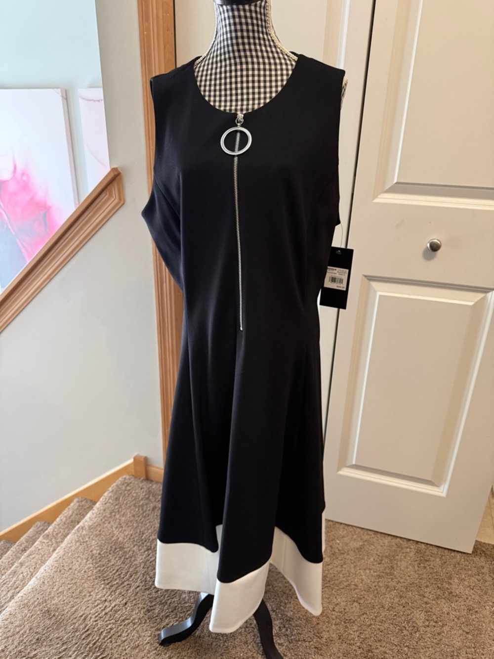 Andrew Marc Black Midi Dress with White Hem & Front Ring Zip